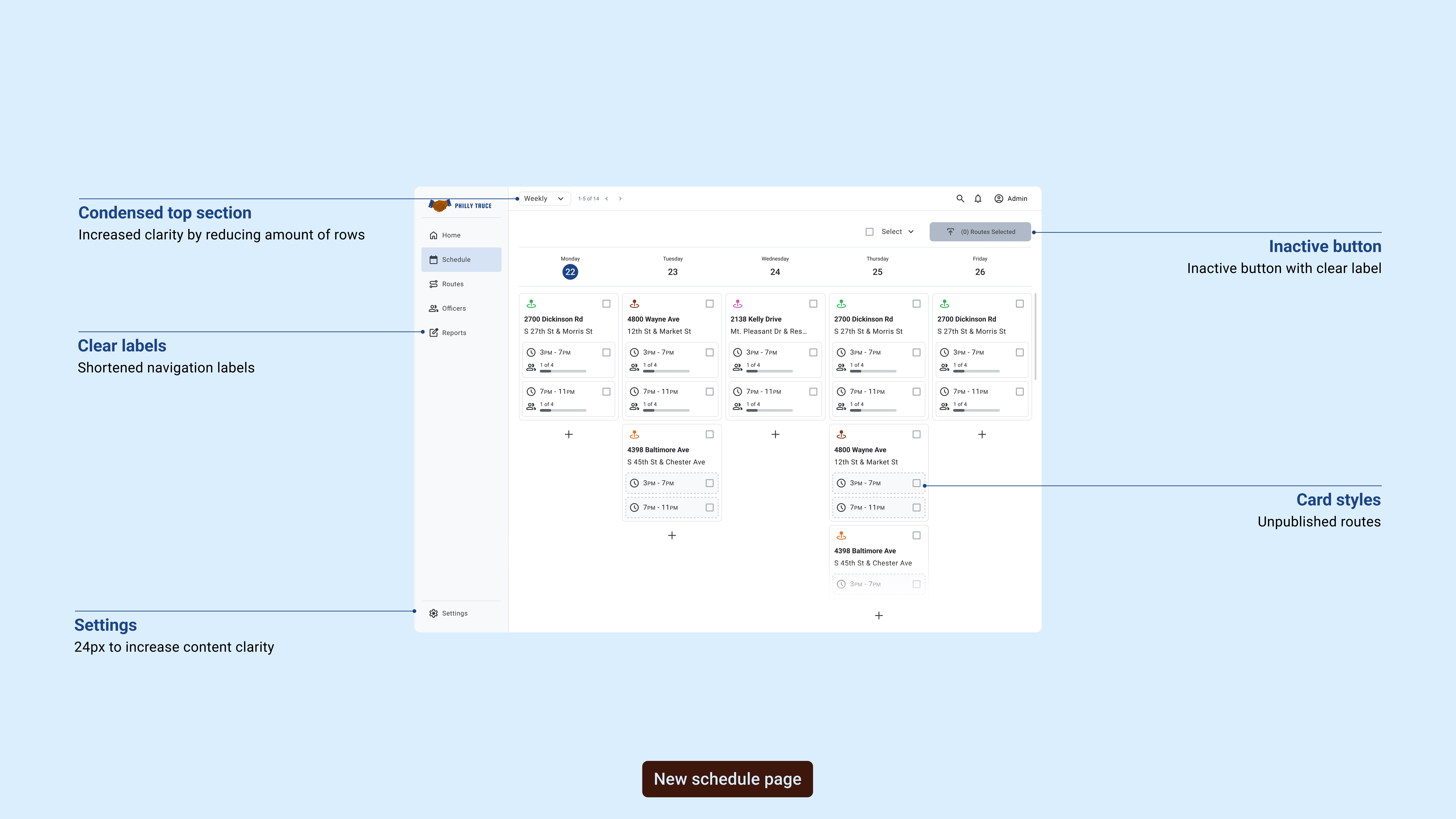 Desktop design annotations showing UI improvements including inactive tab contrast, filter indicators, icon sizing, button accessibility, and rounded icon styling