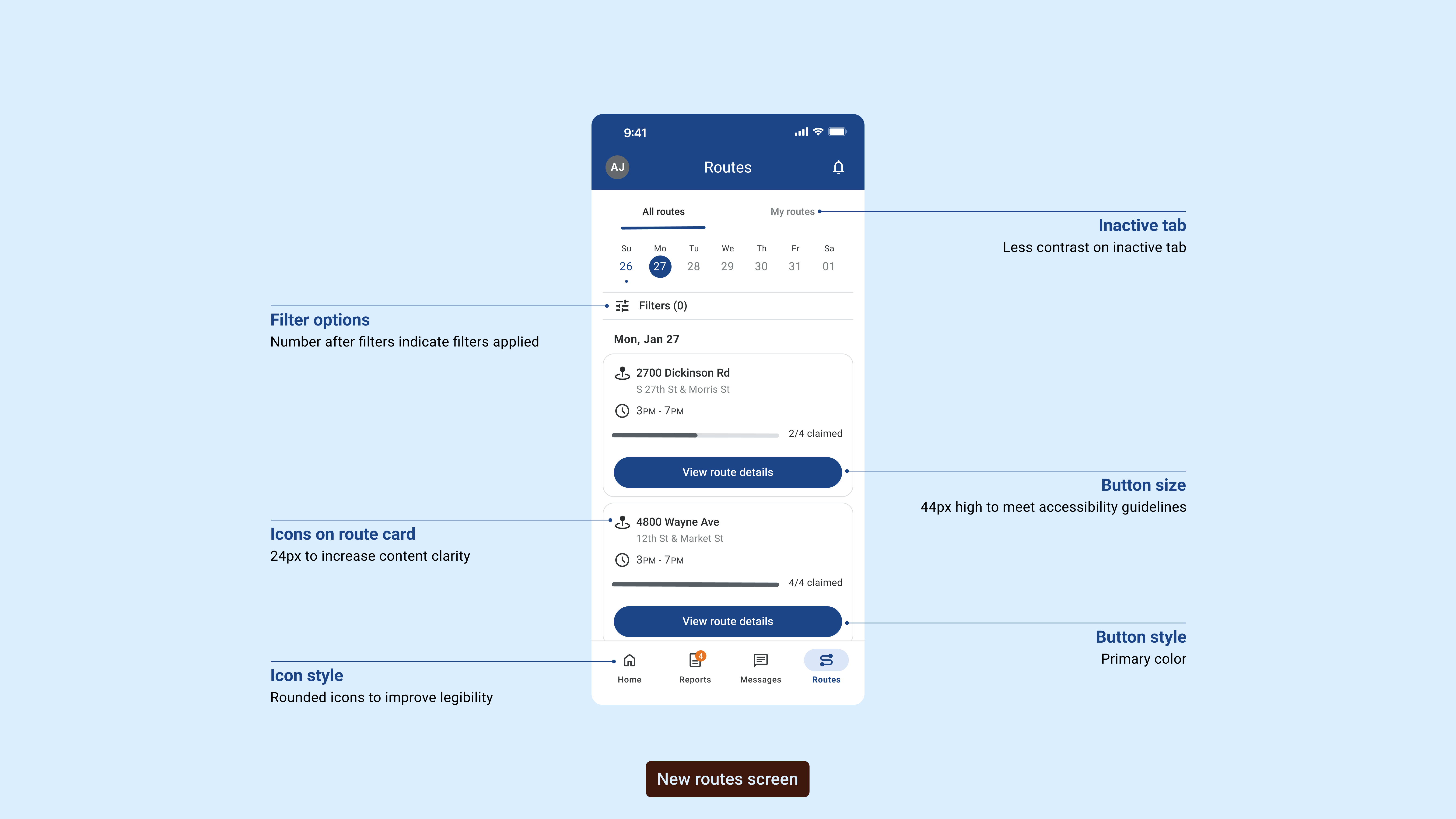 Mobile design annotations showing UI improvements including inactive tab contrast, filter indicators, icon sizing, button accessibility, and rounded icon styling