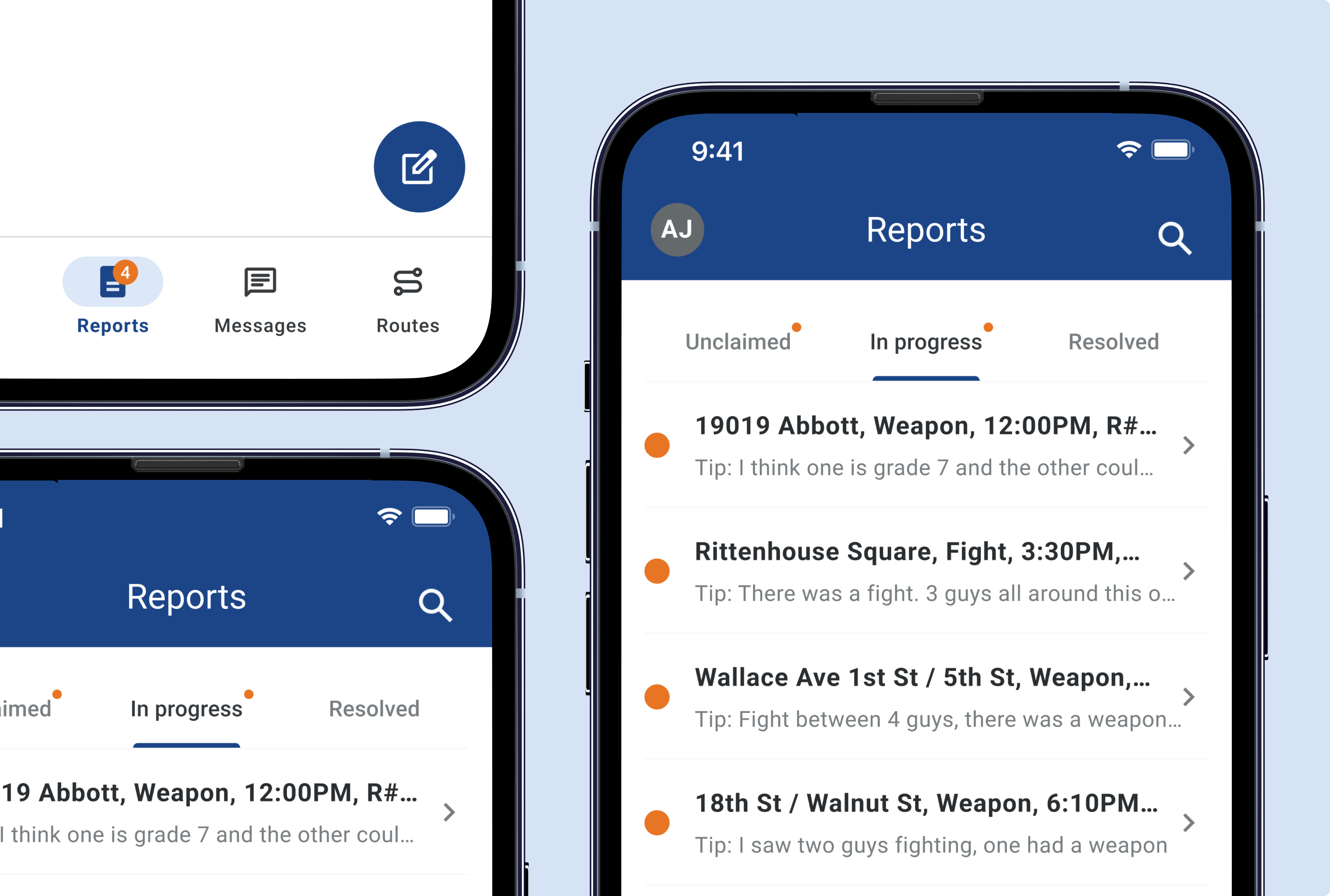 Three screens of the Philly Truce mobile app showing the Reports list, status tabs, and a circular floating action button.